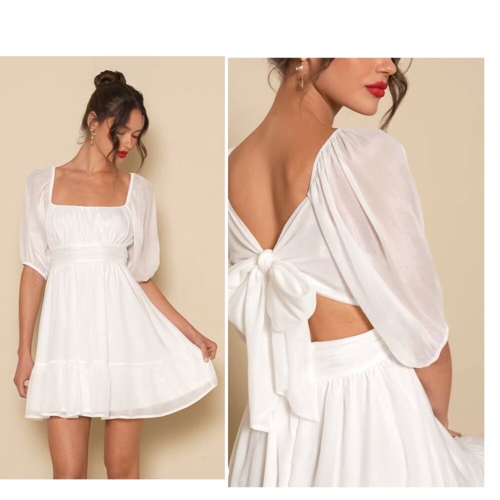 Lulus Ethereal Arrival White Puff Sleeve Tie-Back Chiffon Mini Dress Small NWOT